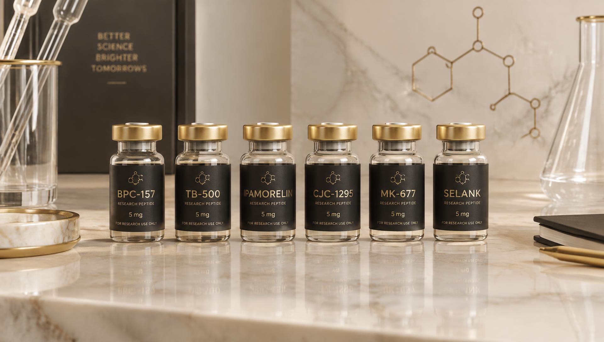 Aura Peptide Co. research vials on a blush marble surface