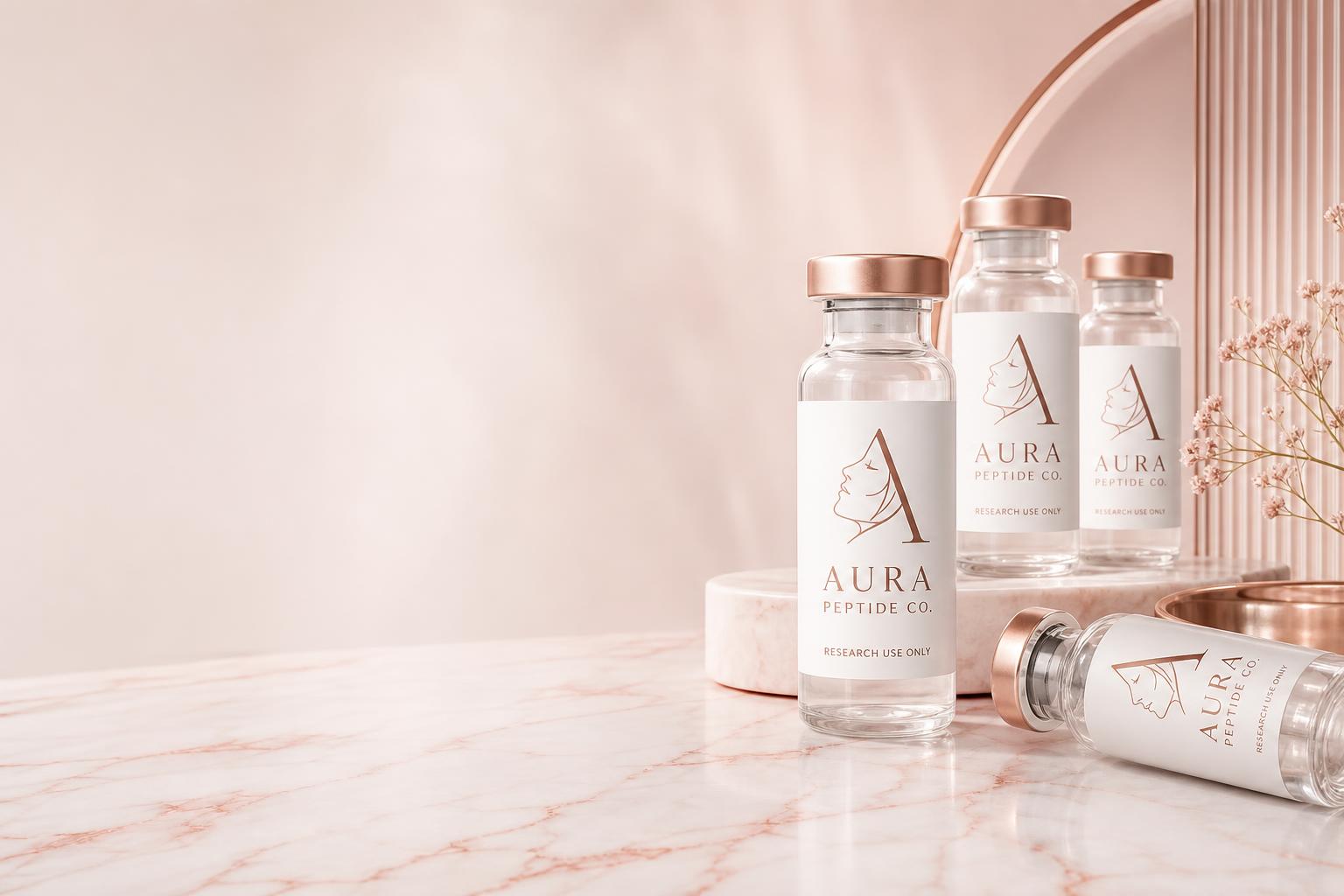 Aura Peptide Co. research vials on a blush marble surface